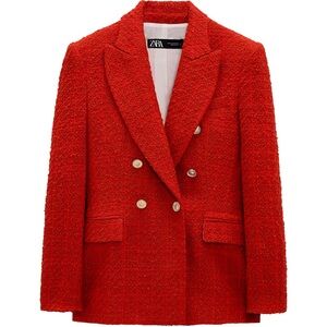 Zara Red Textured Double Breasted Blazer - Size Small